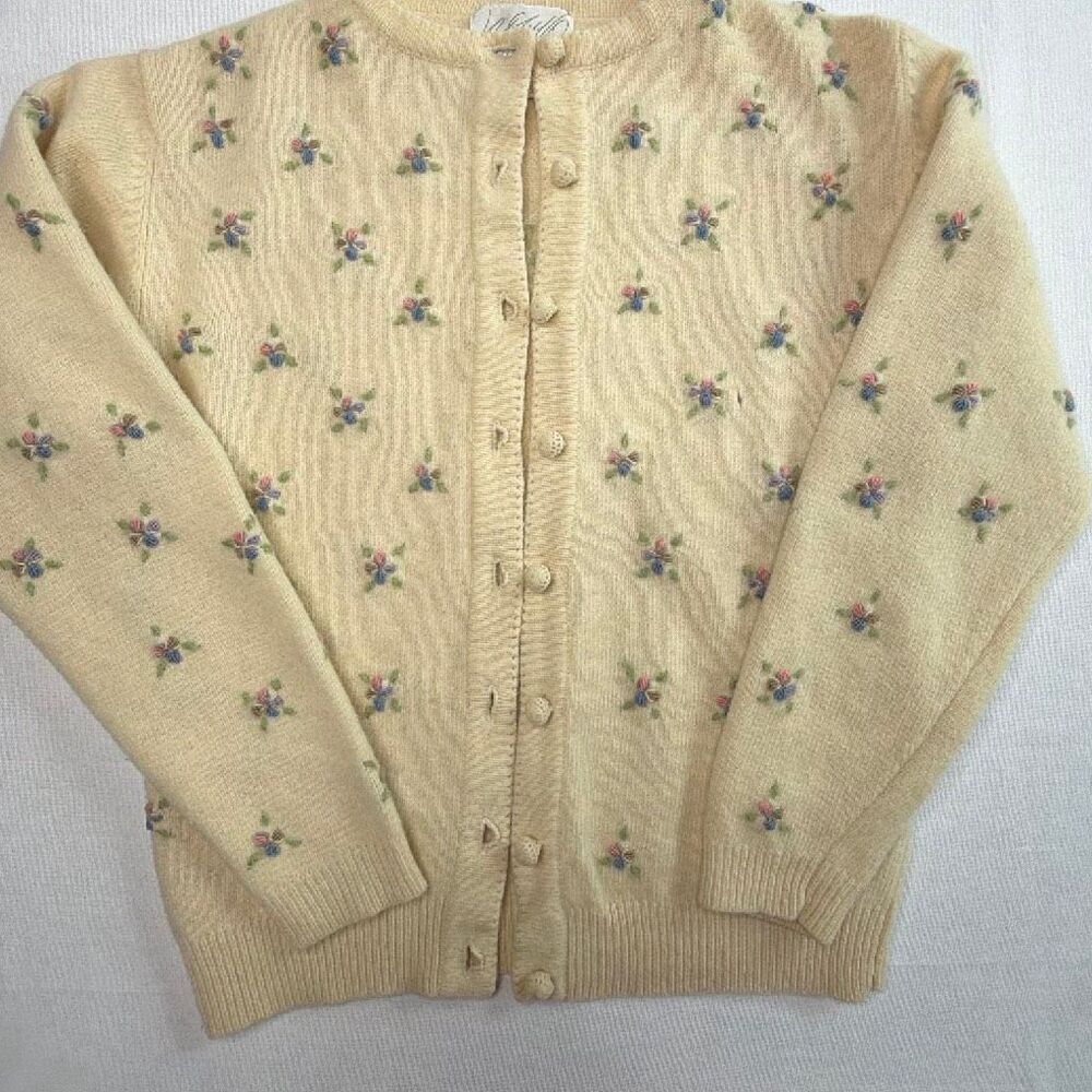 Lord & Taylor Lambswool Cardigan Sweater Vintage Off White Floral Medium